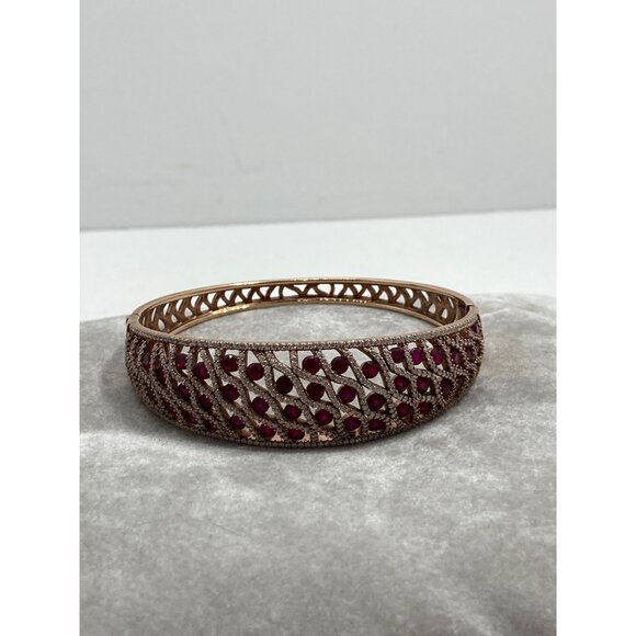 Gold-Plated 925 JCL Silver Bangle Bracelet With Red Gemstone Accents & Intricate - Picture 2 of 9